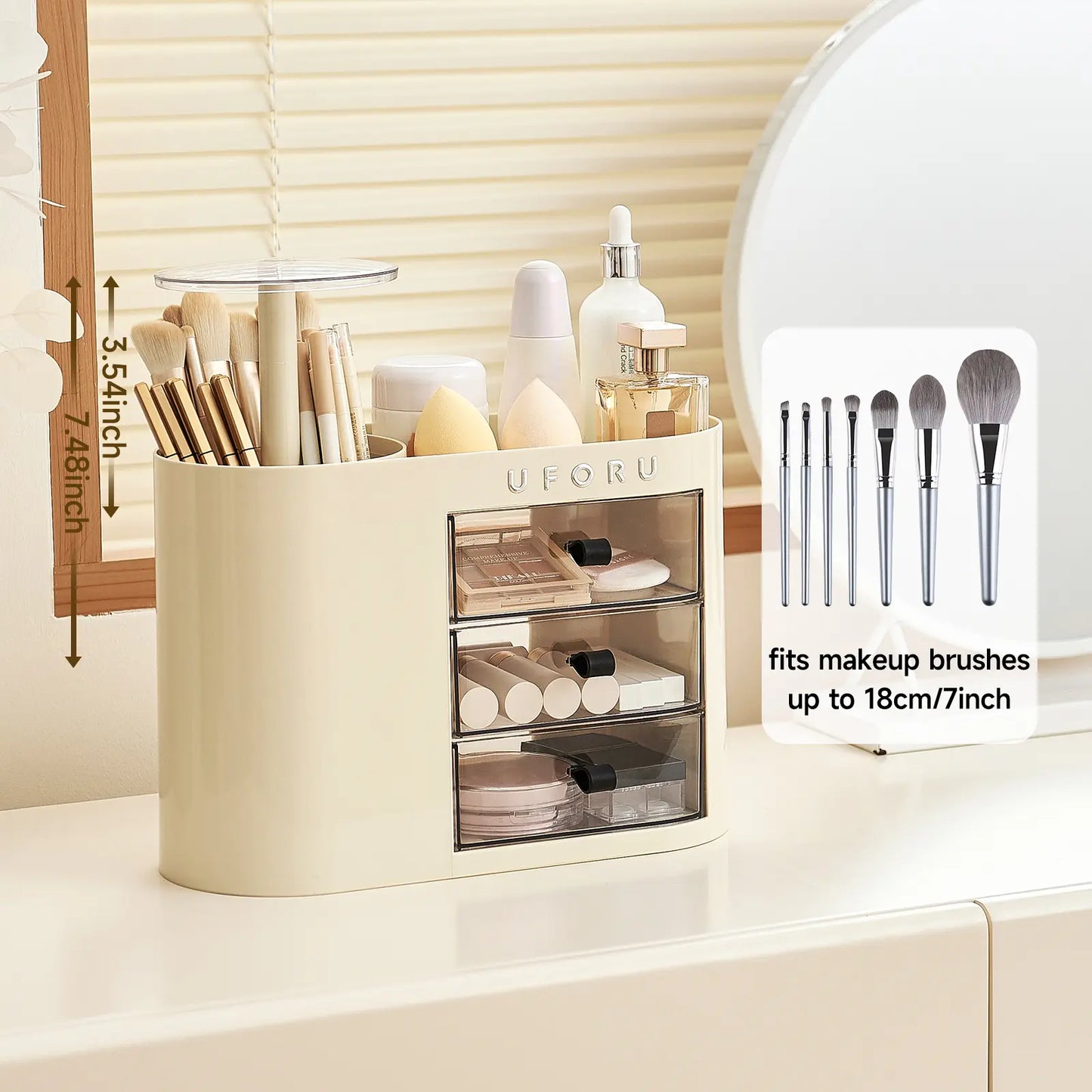 Cosmetic organizer with drawers, suitable for dressing tables, 4-slot brush holder, one-button opening.