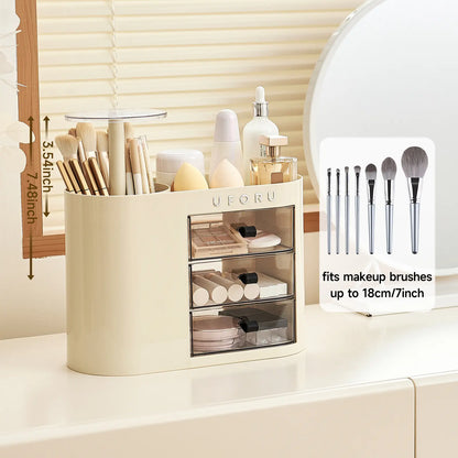 Cosmetic organizer with drawers, suitable for dressing tables, 4-slot brush holder, one-button opening.