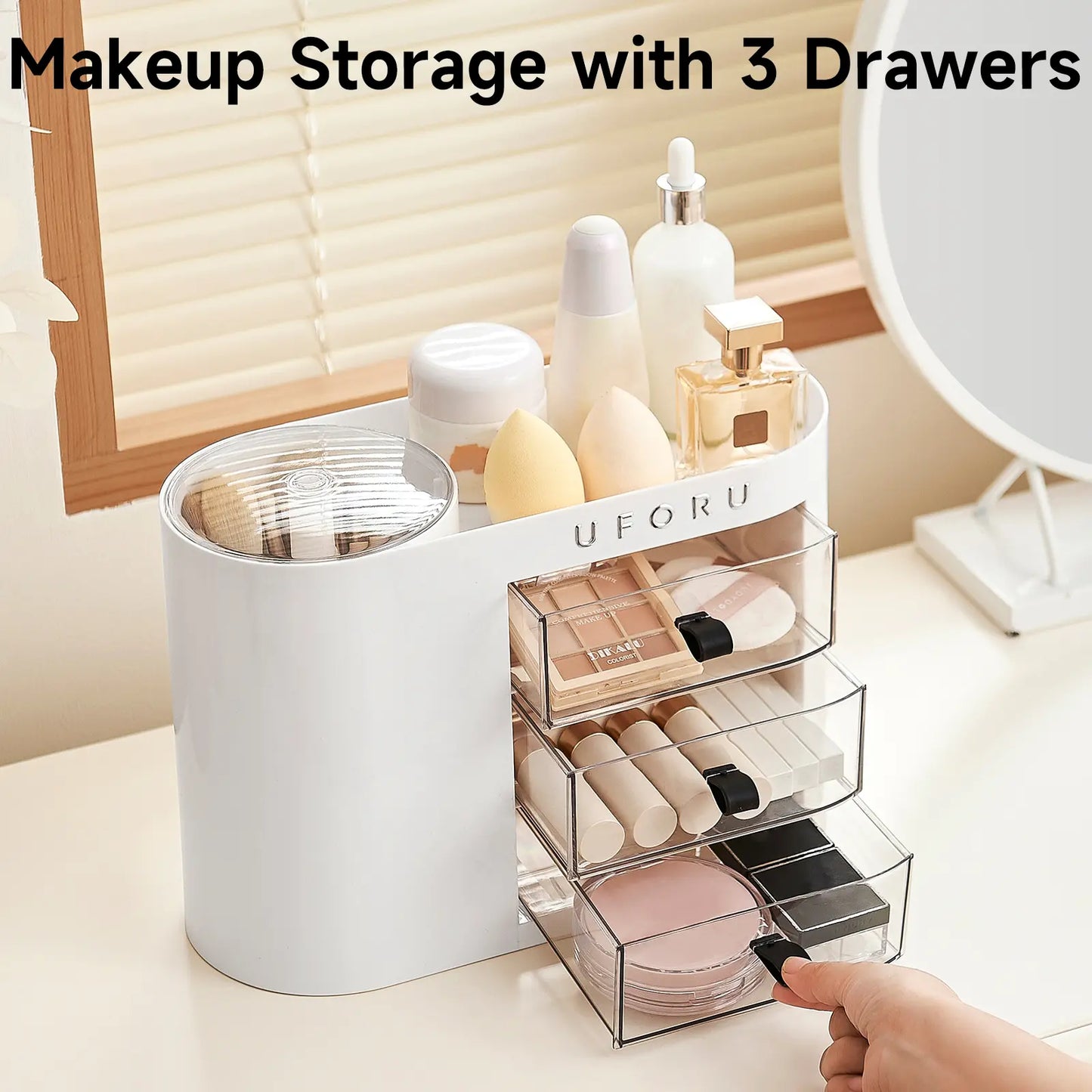 Cosmetic organizer with drawers, suitable for dressing tables, 4-slot brush holder, one-button opening.