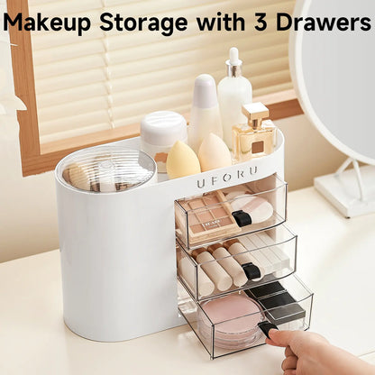 Cosmetic organizer with drawers, suitable for dressing tables, 4-slot brush holder, one-button opening.
