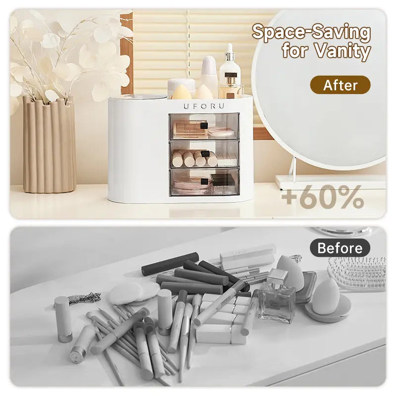 Cosmetic organizer with drawers, suitable for dressing tables, 4-slot brush holder, one-button opening.