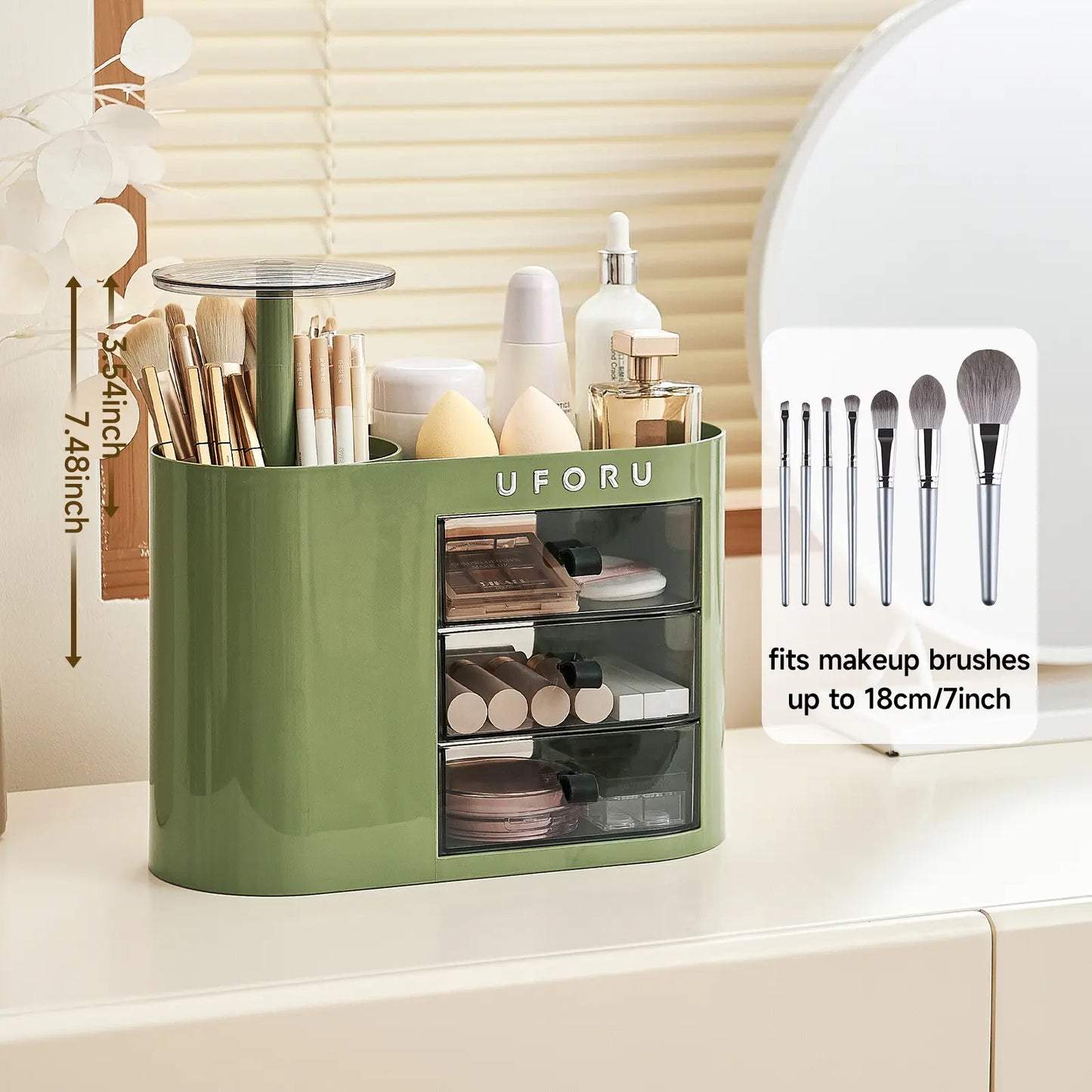 Cosmetic organizer with drawers, suitable for dressing tables, 4-slot brush holder, one-button opening.