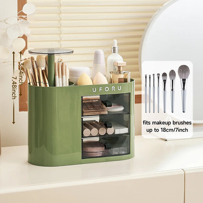Cosmetic organizer with drawers, suitable for dressing tables, 4-slot brush holder, one-button opening.