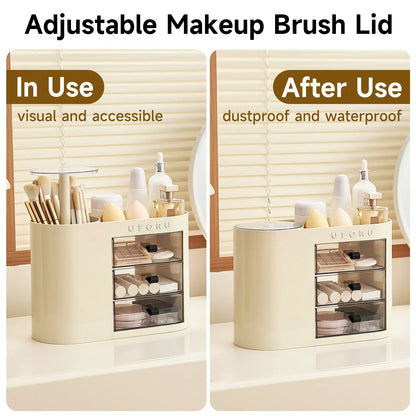 Cosmetic organizer with drawers, suitable for dressing tables, 4-slot brush holder, one-button opening.