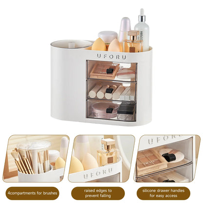 Cosmetic organizer with drawers, suitable for dressing tables, 4-slot brush holder, one-button opening.