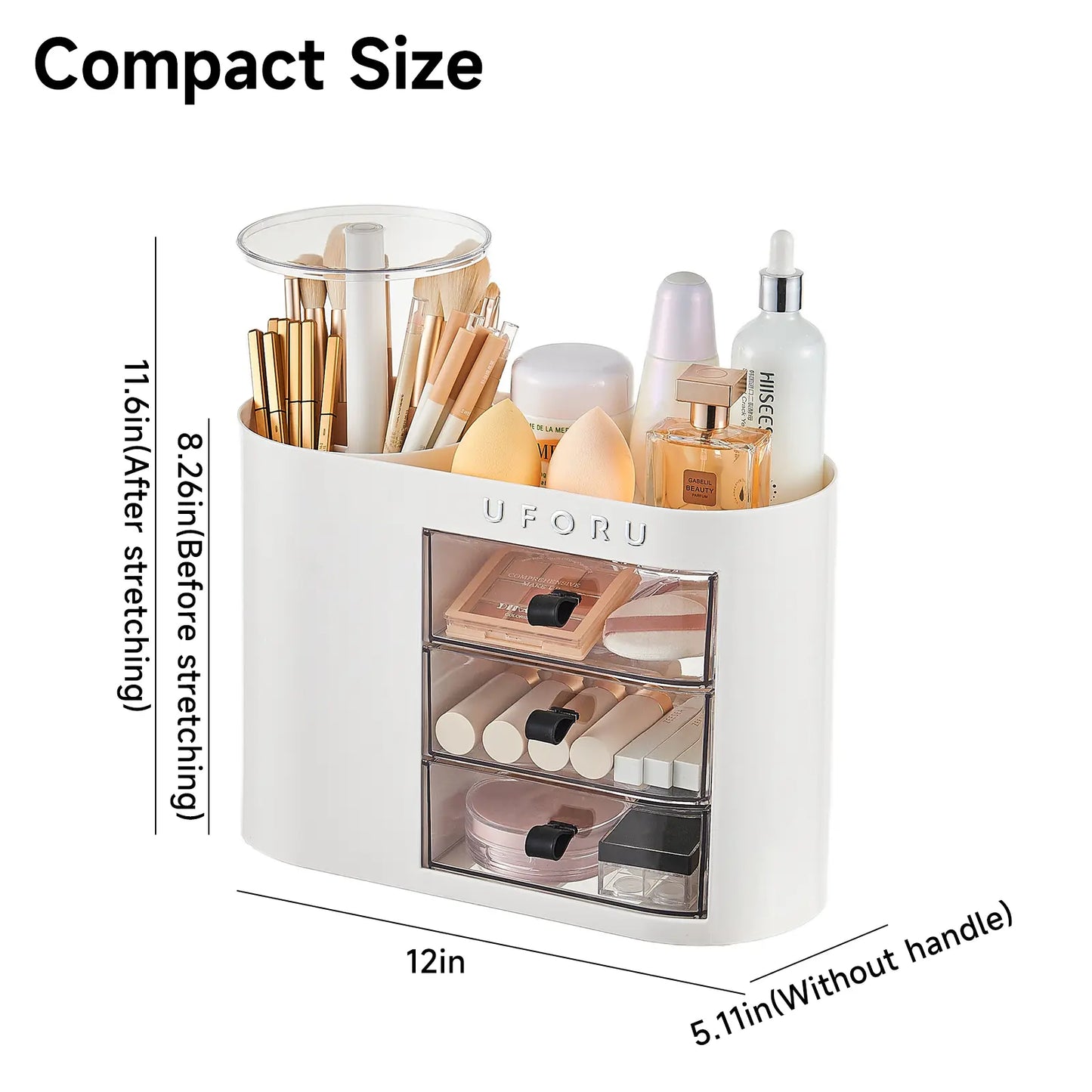 Cosmetic organizer with drawers, suitable for dressing tables, 4-slot brush holder, one-button opening.