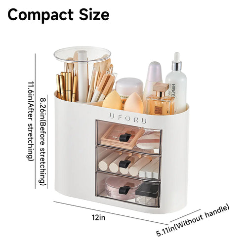 Cosmetic organizer with drawers, suitable for dressing tables, 4-slot brush holder, one-button opening.
