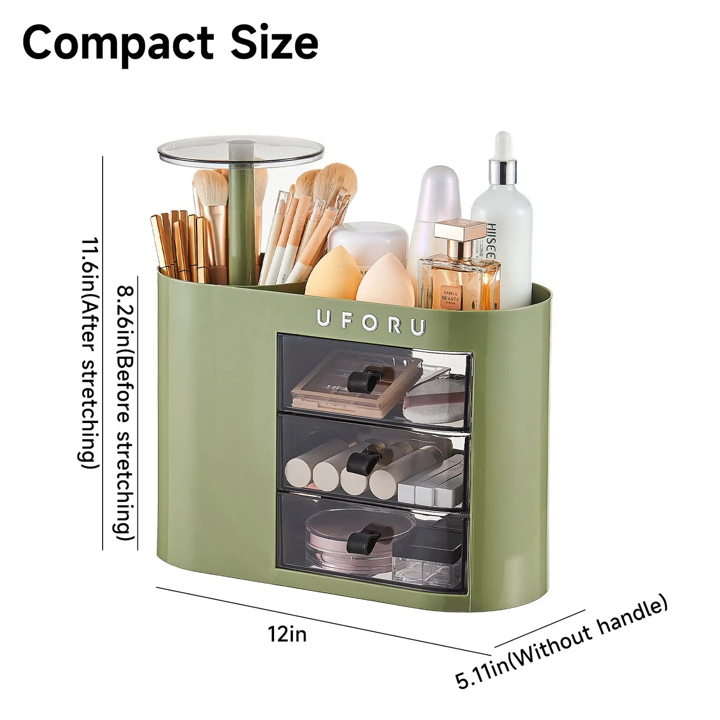 Cosmetic organizer with drawers, suitable for dressing tables, 4-slot brush holder, one-button opening.