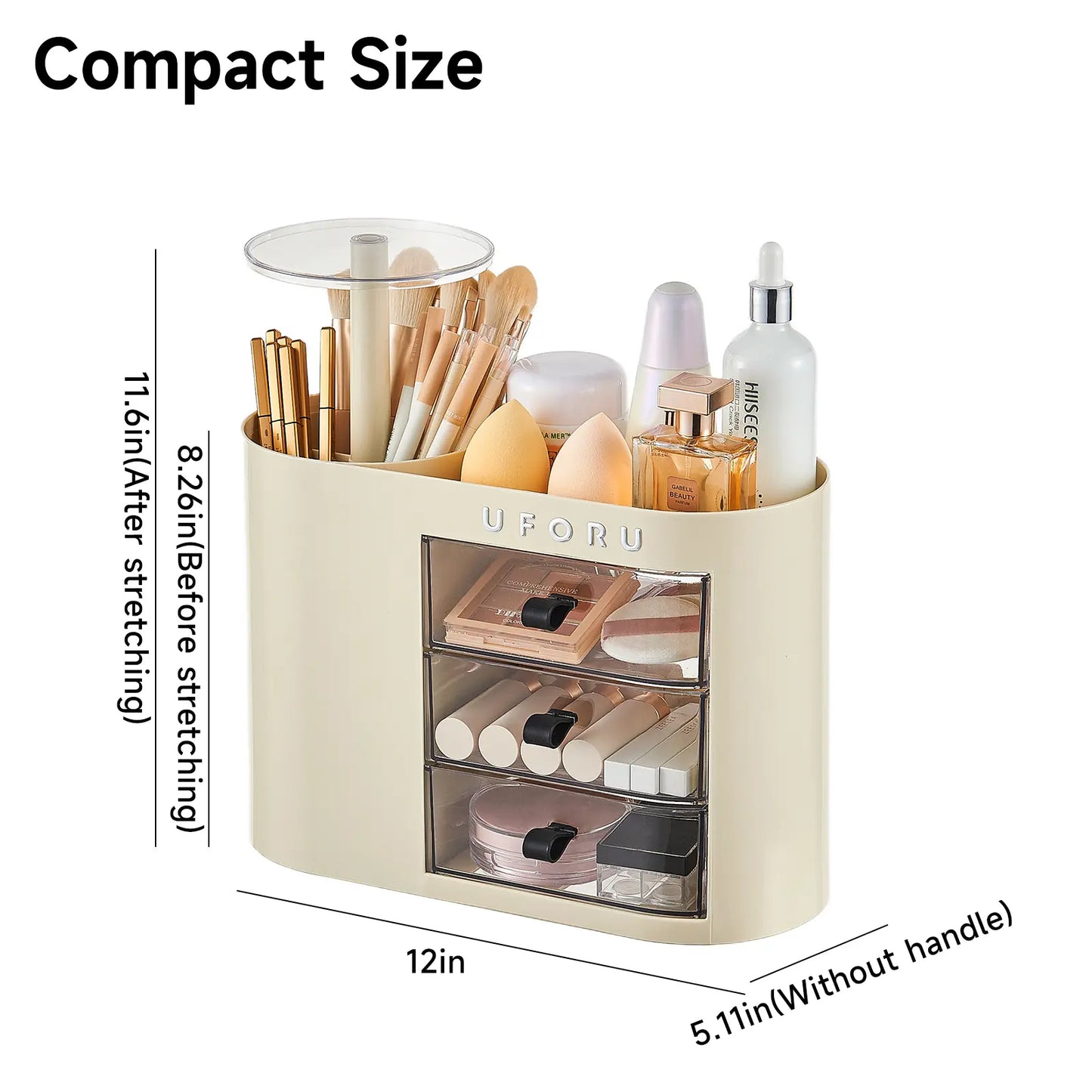 Cosmetic organizer with drawers, suitable for dressing tables, 4-slot brush holder, one-button opening.