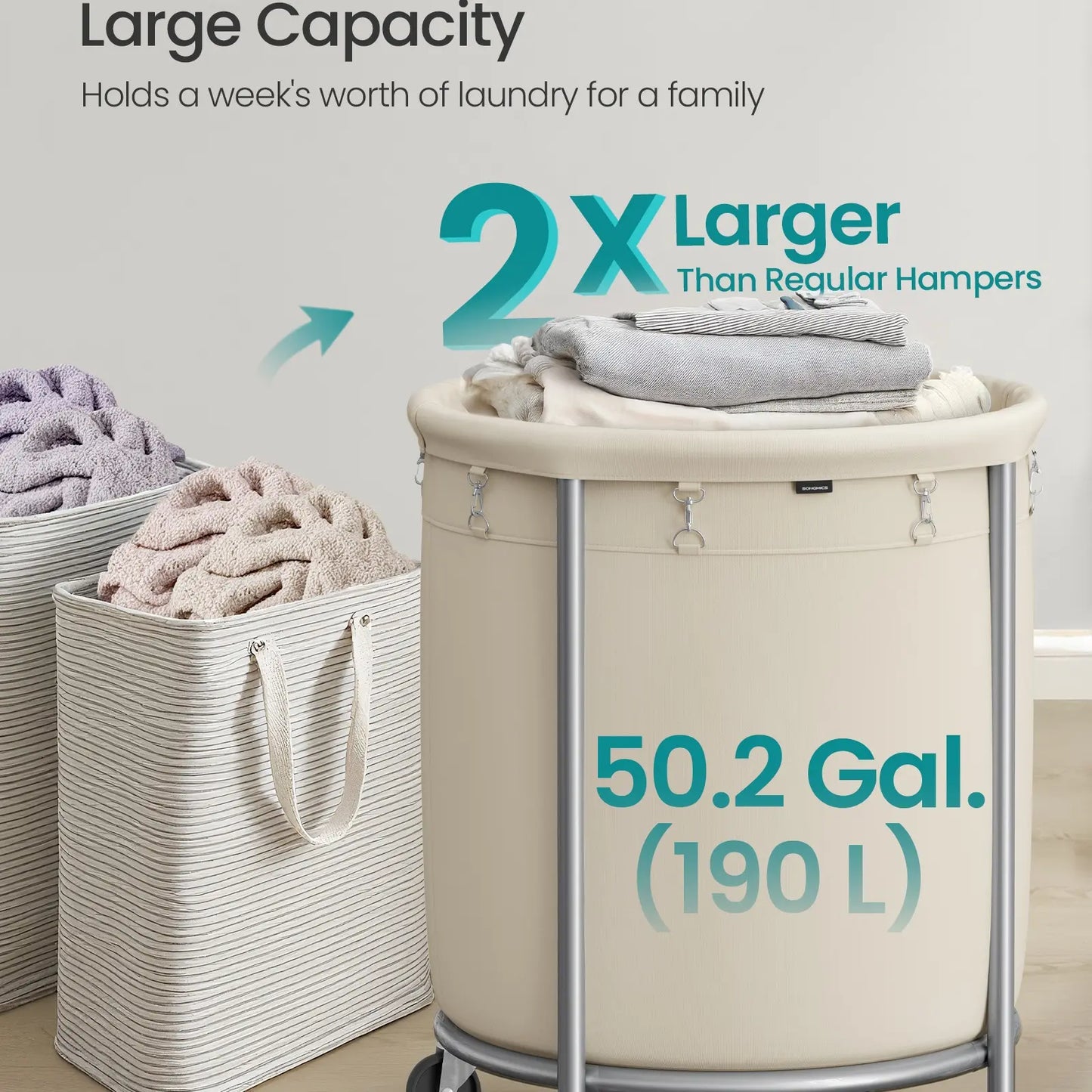Wheeled laundry baskets, rolling laundry baskets, round laundry carts